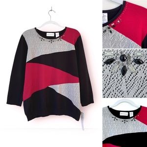 Alfred Dunner Knit Sweater Embellished Neckline Colorblock 3/4 Sleeve Crewneck